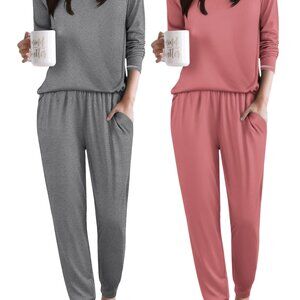 Soft Long Sleeve Pajama Set with Jogger Pants & Pockets - 2 Pack
